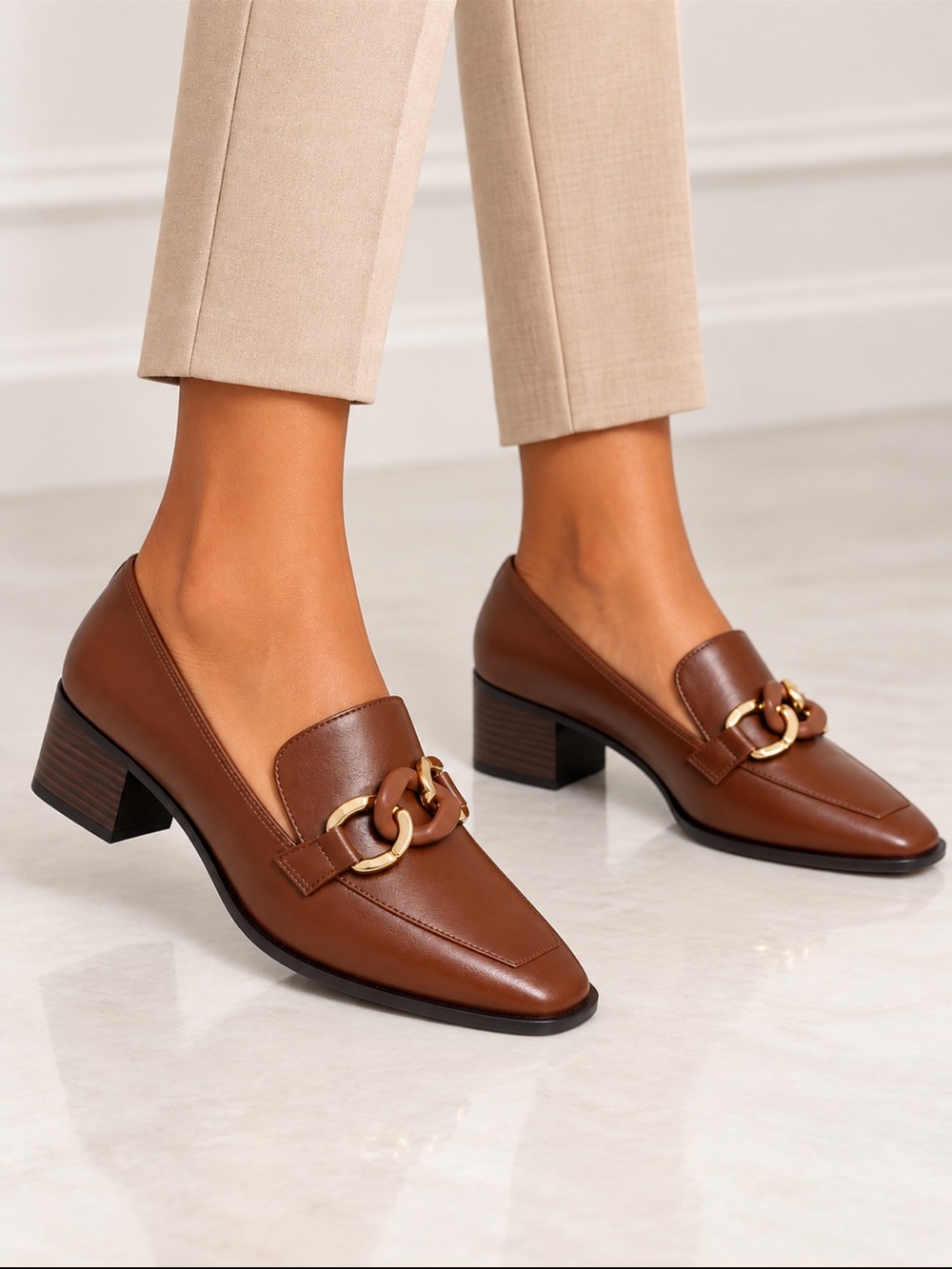 LINEA PAOLO Classic Brown Leather Low Block Heel Loafers